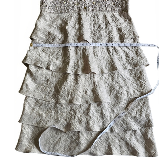 R&M Richards Iridescent Silver Jeweled Beaded Layered V Neck Cocktail Midi Dress - Picture 10 of 16